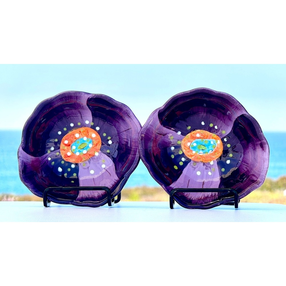 Bowls Floral Chloe Laurie Gates Set of 2 Purple Poppy Hand Painted Ceramic 5.5"